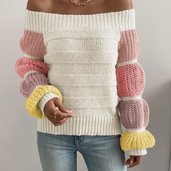 Apricot Casual Womens Off Shoulder Colorblock Virago Sleeve Sweater - Picture 5 of 5